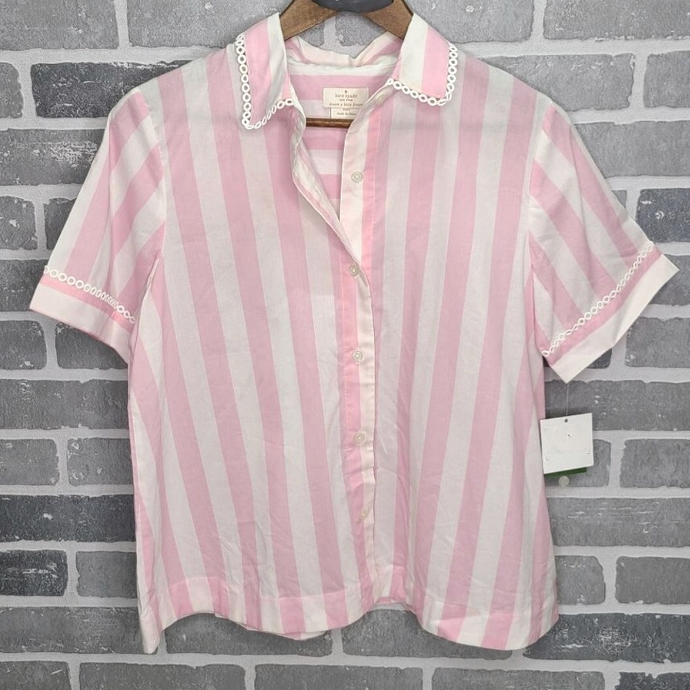 Kate Spade Striped Pink/White Short Sleeve Eyelet Trimmed Feminine pajama top.